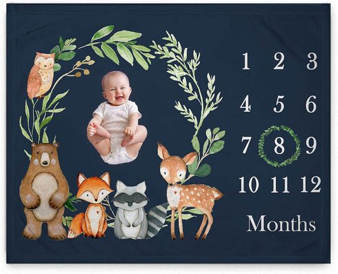 Woodland Baby Monthly Milestone Fleece Blanket, Black, 50x40, Includes Marker for Baby Photos