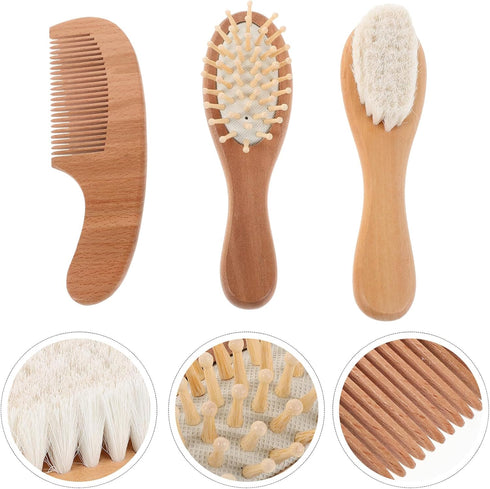 Set Hairbrush and Styling Comb for Newborns with Soft Wool Bristles and Beech Wood Handle for Gentle Scalp Care