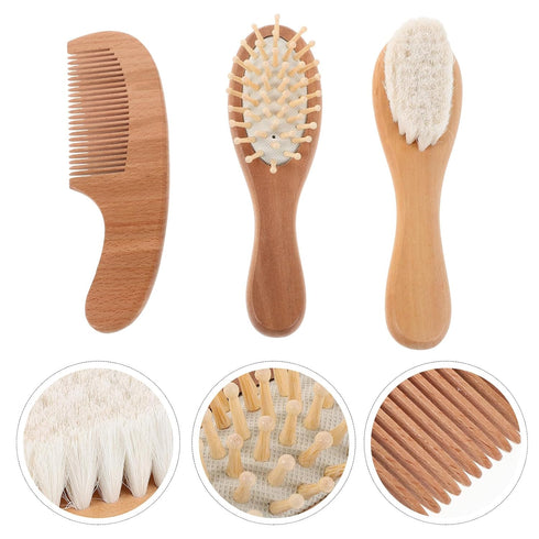 Set Kisangel Hairbrush and Styling Comb with Soft Wool Bristles, Newborn and Grooming Kit, Beech Wood Handle, Gentle