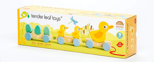 Tender Leaf Toys Pull Along Ducks - Classic Wooden Toy, 9pc Duck Family Set with Mother Duck, Baby Ducks, Eggs, Cars,