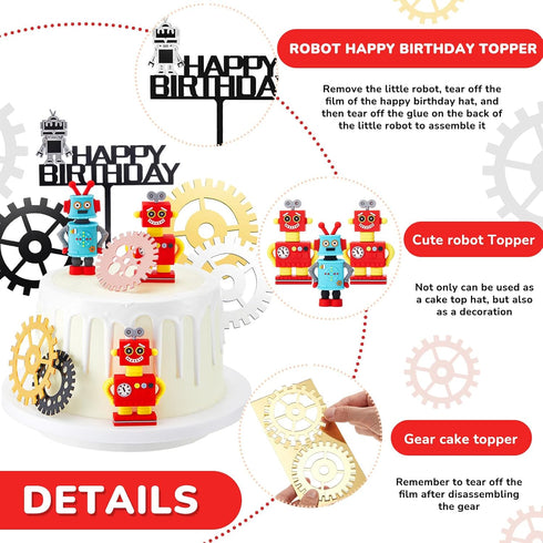 11 Pieces Robot Birthday Cake Toppers Gear Cake Cupcake Decorations Robot Themed Birthday Party Decorations Figurine