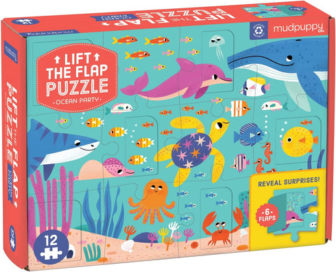 Mudpuppy Ocean Party Lift-The-Flap Puzzle, 12 Pieces, 18” x 13.75” – Friendly Ocean Animals with Flaps