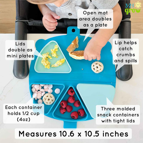 3 Silicone On-The-Go Snack Mat Foldable Reusable Placemat with Compartments and Lids Travel-Friendly Baby and Toddler