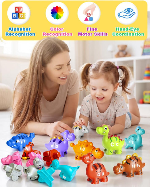 52 3-5, 10 PCS Dinosaur Alphabet Learning Toys for Toddlers Kids Different Dinosaur Figures, Double Sided ABC Matching