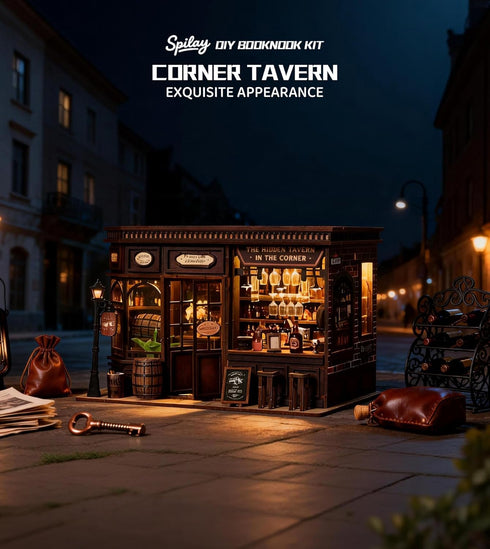 Spilay DIY Miniature Dollhouse Kit, Corner Tavern Dollhouse with LED Light, Mini House Building Kit Book Nook
