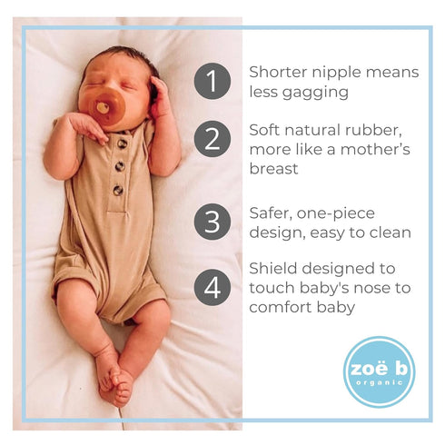 Symmetrical - Shorter Nipple Less Gagging - Small Newborn - Natural Rubber Pacifier - BPA-Free - Soft - Handcrafted