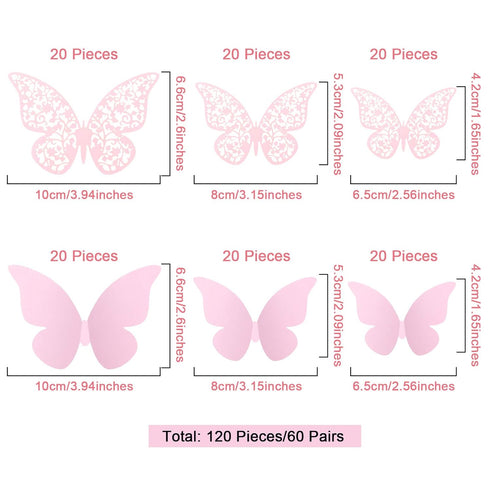 Outus 120 Pieces Pink 3D Layered Butterfly Wall Decor, Removable Stickers for Birthday Cake Decorations Crafts