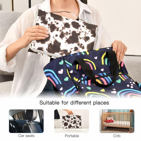 Portable Changing Pad for Baby, Black Cow Travel Diaper Changing Pad Waterproof Changing Mat with Built-in Pillow