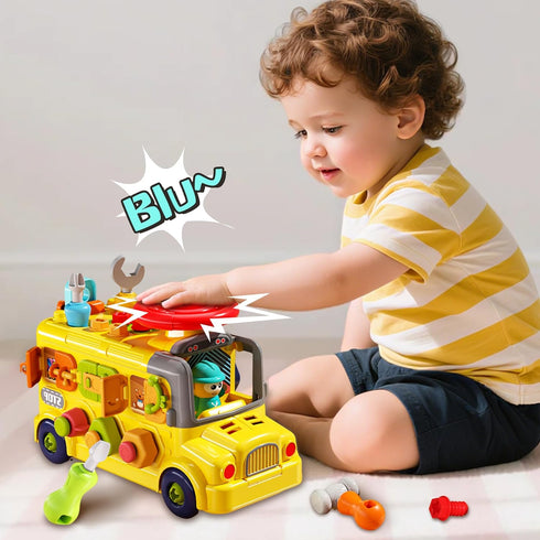 3 4 5 iPlay, iLearn Toddler Busy Bus Toy, Kids Take Apart School Bus W/Tools, Steering Wheel & Gears, Push Go Assemble