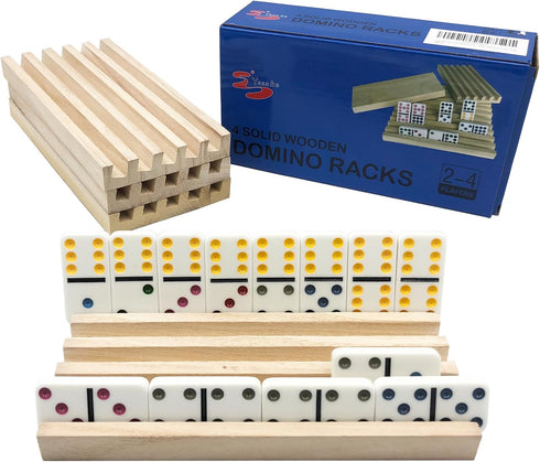 Yuanhe Domino Holder Trays Rack, Set of 4 Wooden Tiles Stand Holders for Mexican Train Rummy