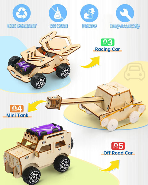 Poraxy STEM Kits for Kids Age 8-10 - 5 Set Wooden Model Car Kits, Educational Crafts Building Projects
