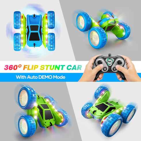 360 4WD 3+ Remote Control Car, Flips Rotating RC Stunt Car with USB-C Charge Modular Battery, RC Cars with LED Lights