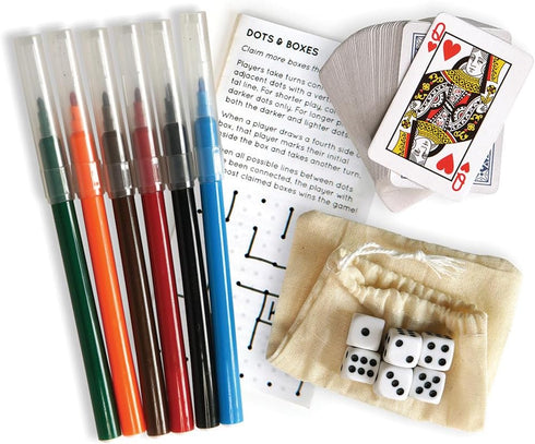 Three by Three jOTBLOCK Portable Stacked Paper Game Set: 6 Game Pads, 6 Color Markers, Mini Playing Cards, 6 Dice in