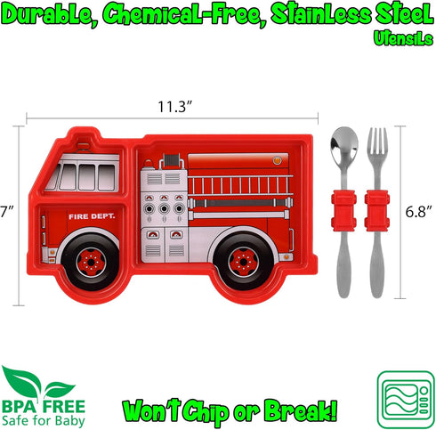 Funwares Kids' Dinnerware Set - Fire Engine, Durable Divided Plate, Ideal for Picky Eaters, Easy Cleaning, Gift