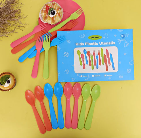 16 Pcs Kids Plastic Utensils, Reusable Toddler Feeding Utensils with 8 Kids Forks and 8 Kids Spoons, Colorful Kids Silverware Cutlery Set for School Lunch Box, BPA Free Dishwasher Safe