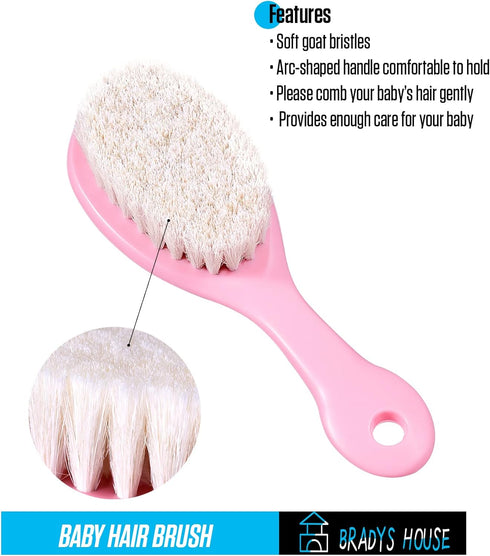 3 Piece Baby Hair Brush and Comb Set for Newborns and Toddlers, Pink