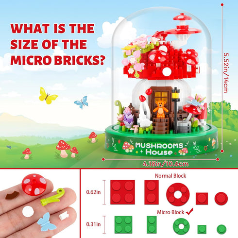 Set, 645PCS 14+ Vziimo Mushroom House Building Creative Mushroom Flower House Model Kits with Dust Cover, Micro Bricks