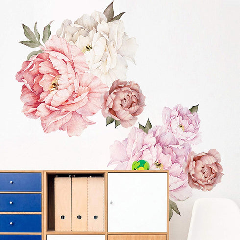 Watercolor Peony Flowers Wall Decals, Floral Wall Stickers for Living Room, White & Pink Flowers Art