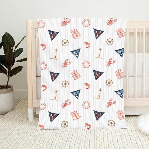 Wicbfdfv 60x80inch Cute Coastal Lighthouse Rudders Anchors Stripe Baby Boy Girl Blankets Shrimp Lobster Swim Flannel