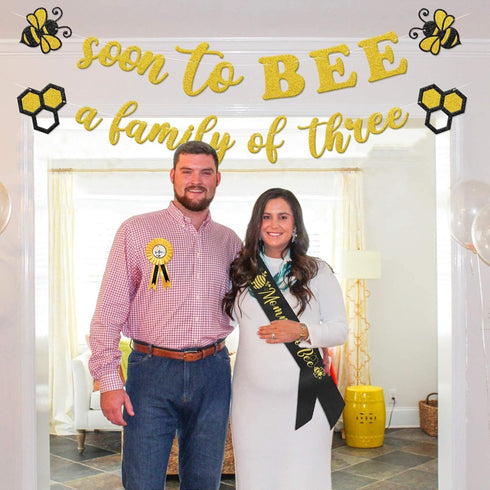 Bumble Bee Baby Shower Decoration Set, Soon to Bee A Family of Three Banner, Gender Reveal Party Supplies