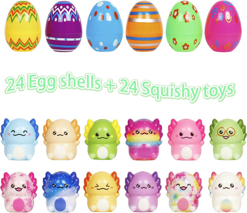 24 Pack Squishy Toys Prefilled in Easter Eggs for Kids - Axolotl Stress Relief Fidget Toys, Easter Basket Stuffers