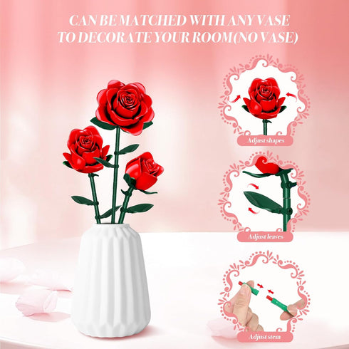 eafzv Set, 3 162 Mother's Day Flowers Bouquet Building Artificial Red Roses Botanical Collection Building Block