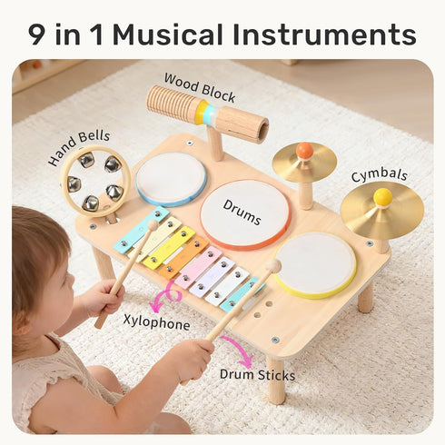 Set 9-in-1 1-3 1-3 WINGYZ Kids Drum Montessori Toys for Year Old & Wooden Musical Instruments for Toddlers, Baby