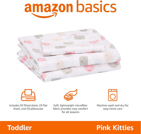 3-Piece Set, Amazon Basics Kid's Soft Easy-Wash Lightweight Microfiber Sheet Toddler, Pink Kitties