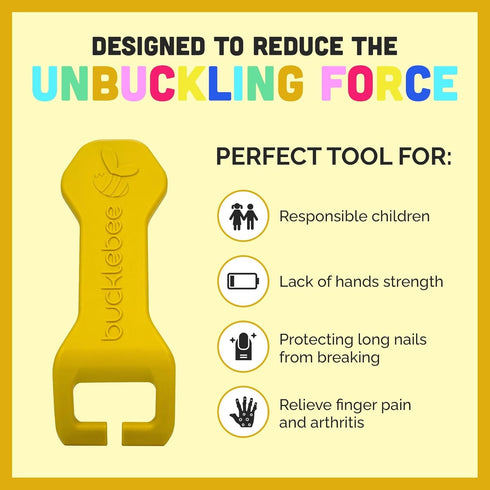 Bucklebee Easy Car Seat Buckle Release Aid - Button Pusher Tool for Children - 1 Pack Yellow