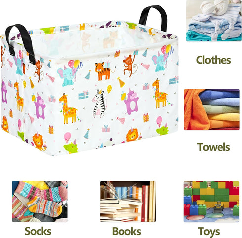 Rectangle ZOO Happy Birthday Party Gift Shelf, Nursery Storage Basket, Laundry Hamper with Handles, Toys Storage Box