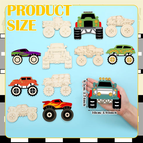JellyArch 24 Set Pcs Monster Truck Party Favors Unfinished Wooden Truck Painting with Paints Magnets Car Party Favors