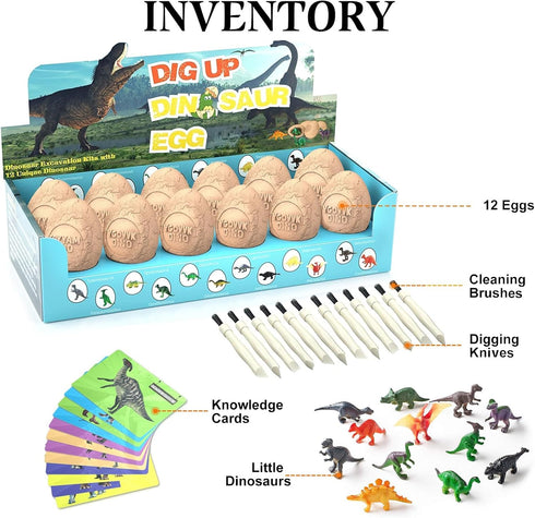 Dinosaur Eggs Dig Kit - Break Open 12 Easter Dino Eggs with 12 Surprise Dinosaurs - Science STEM Toys for Kids