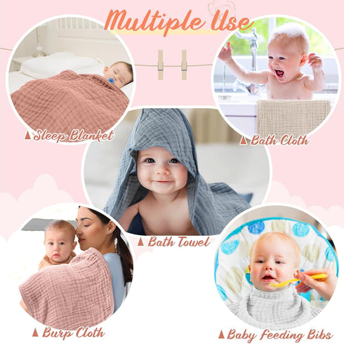VitalCozy 8 Pcs Baby Muslin Hooded Bath Towels and Washcloths, Muslin Hooded Baby Towels Absorbent Blankets for Gift