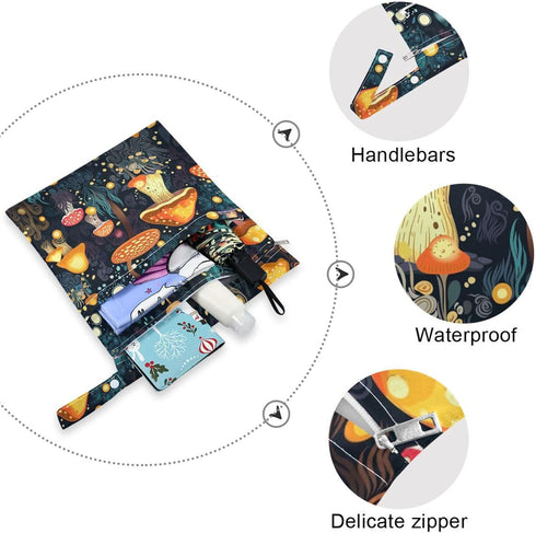 GOODOLD 2 Mushrooms Forest Wet Dry Bag for Baby Cloth Diaper Waterproof Reusable Travel Wet Bag with Two Zippered