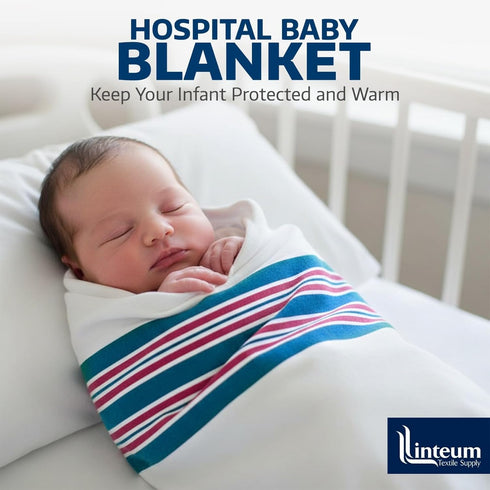 100% 30x40 6-Pack Linteum Textile Supply Hospital Receiving Blankets for Newborns Cotton, in, White w/Teal & Pink