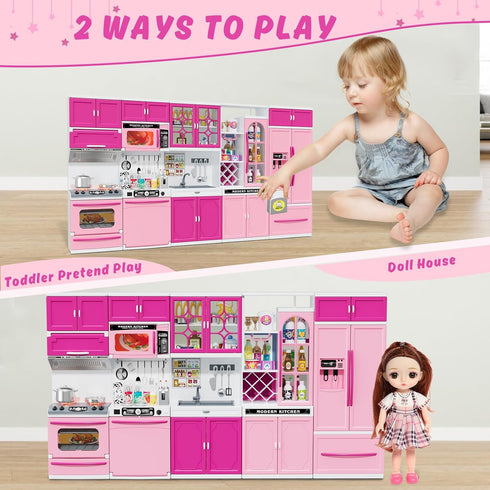 57 PCS Kitchen Playset for Girls - 5-in-1 Toddler Mini Kitchen with Realistic Lights & Sounds, Pink