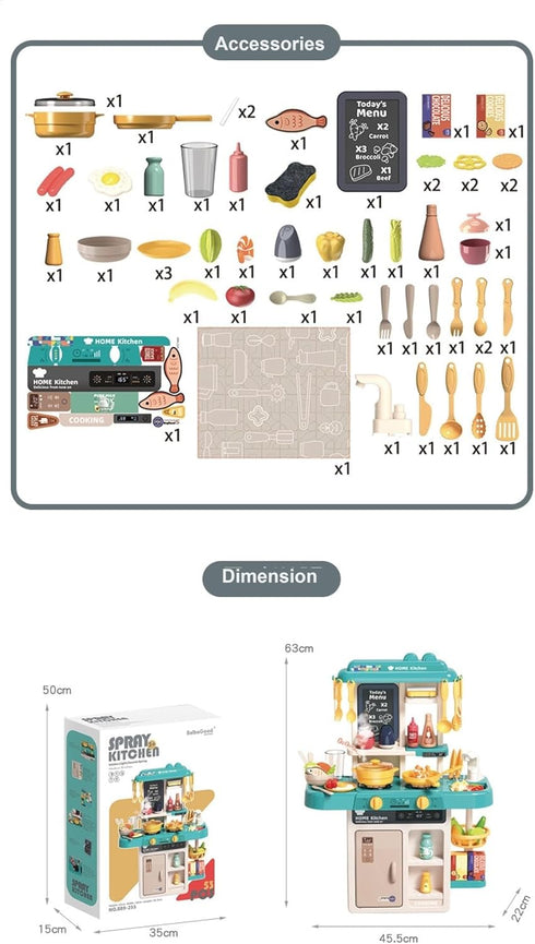 Kitchen Playset Pretend Food Kit by Serena&Jewel - 53 PCS Toy Accessories Set with Real Sounds & Light, Blue