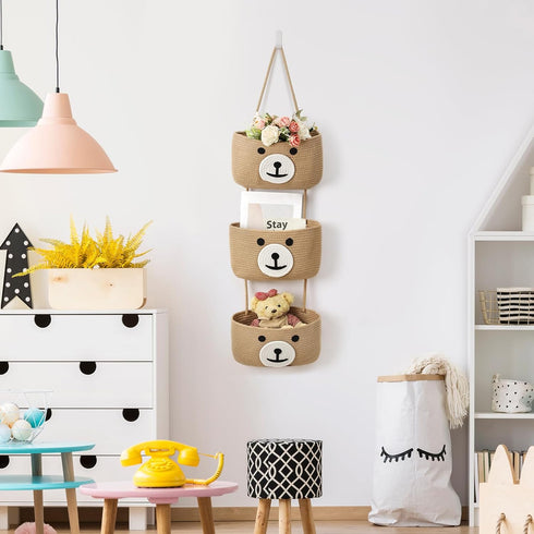 Yiyiring 3-Tier Closet Cute Bear Hanging Baskets, Woven Cotton Wall Mounted Storage Organizer, Decorative Storage