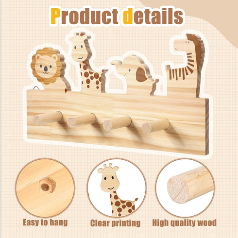 RattanView Safari Animal Decorative Wall Hook for Kids Jungle Forest Animals Wooden Coat Hook Hanger for Baby Nursery