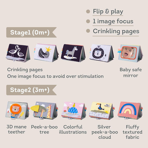 Tummy-time 3D Taf Toys Savannah Infant Soft Crinkle Activity Book with Huge Baby Safe Mirror, Activities, Textures