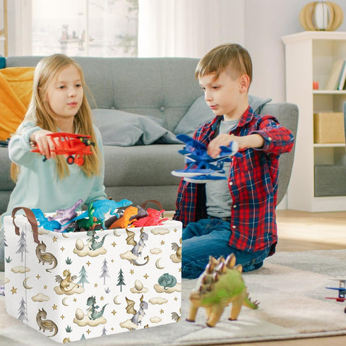 FXOCSHE Rectangular Dinosaur Baskets,Watercolor cute dragon fairy tale kids nursery basket,Cloud moon star dragon egg