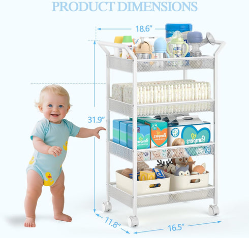 3IngSeagulls 4-Tier Baby Diaper Caddy Cart, Diaper Caddy Organizer and Storage, Rolling Utility Cart for Baby Supplies