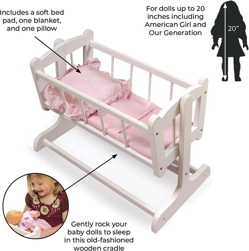 Badger Basket Heirloom Style Doll Bed with Gingham Bedding for 20 inch Dolls - White/Pink