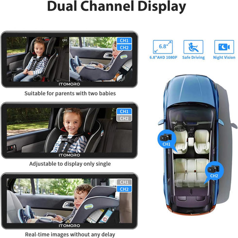 Itomoro 6.8 inch 1080P 2 Baby Car Camera Dual-Channel HD Display with IR Night Vision, Baby Car Mirror Easily Install