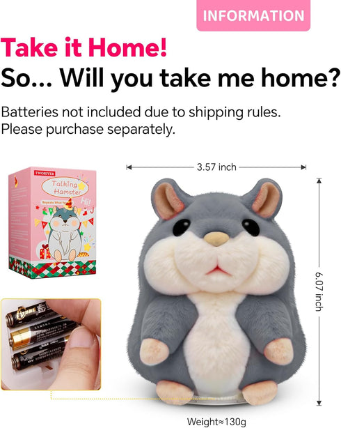 Talking Hamster Toy for Toddlers, Repeats What You Say, Birthday Gifts Ideas for Kids, Christmas Stocking Stuffers, Gray