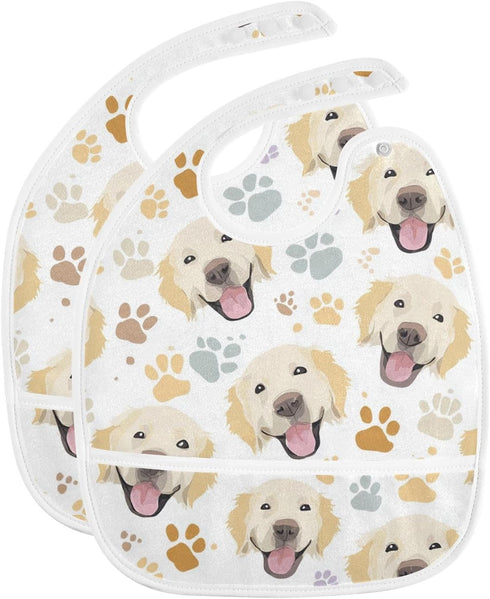 IHCVHQX Baby Feeding Bibs for Boys Girls Golden Retriever Dog Faces and Paw Infant Toddler Drooling Bibs with Catcher