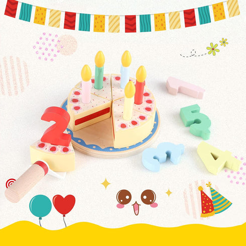 Wooden Cutting Birthday Cake Toys, Fake Cake Toy with Candles and Numbers, Montessori Tea Party Learning Toys
