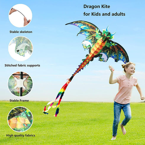 eyijklzo Green Dragon Kite, Beautiful Easy Flyer for Children and Adults with Long Colorful Tail for Outdoor Activities