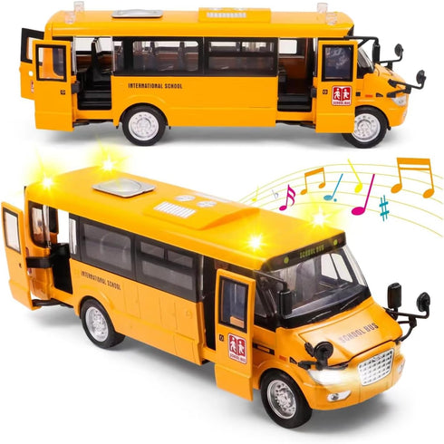 Ming You School Bus Toy - 9" Die-cast Pull Back Car with Sounds, Lights, and Openable Doors for Kids 4-8