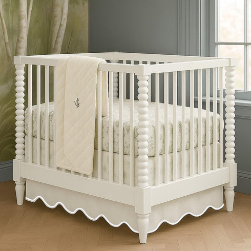 Luxurious collections 100% 28"X52"+6" 4-Sided White Cotton Sateen Crib Skirt Drop Scalloped Embroidery with Split